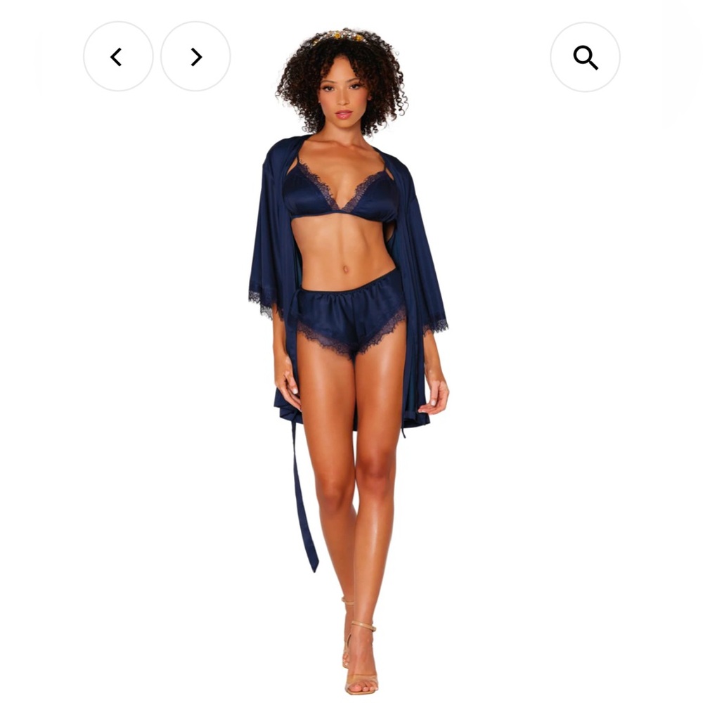 NWOT- Dreamgirl 3-piece satin robe, bralette, & panty set with eyelash lace trim